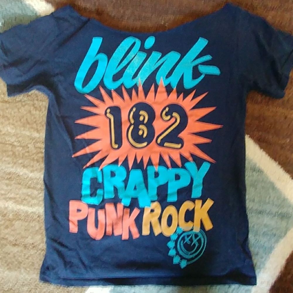 Blink 182 tee with 80s off the shoulder cut